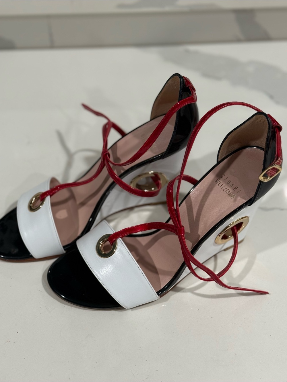 Stuart Weitzman Black White Red Lace-Up Open-Toe Heels with Gold Eyelets